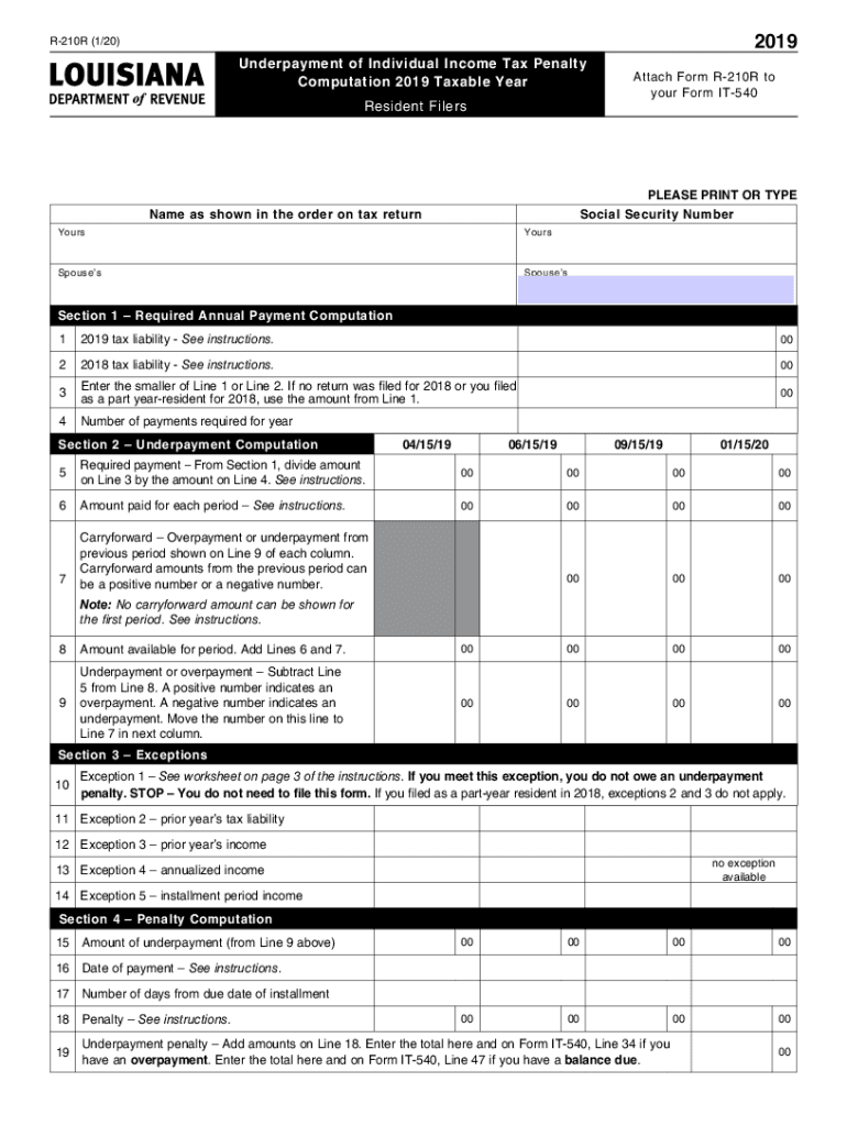  Printable Louisiana Form R 210R Resident Underpayment Penalty Computation Worksheet 2019