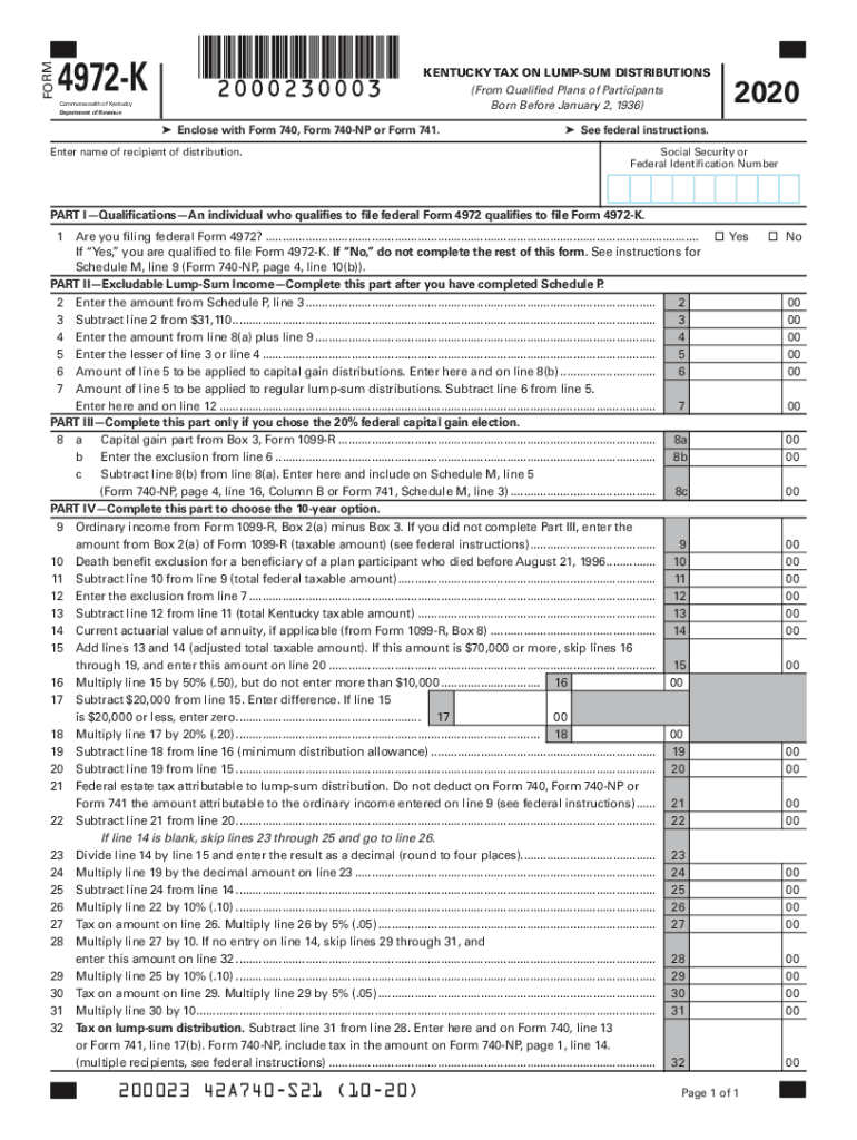  Kentucky Form 4972 K Kentucky Tax on Lump Sum Distributions 2020