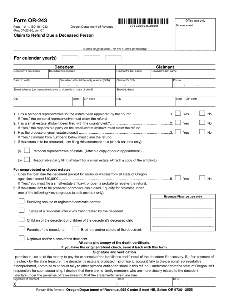  Printable Oregon Form 243 Claim to Refund Due a Deceased Person 2020