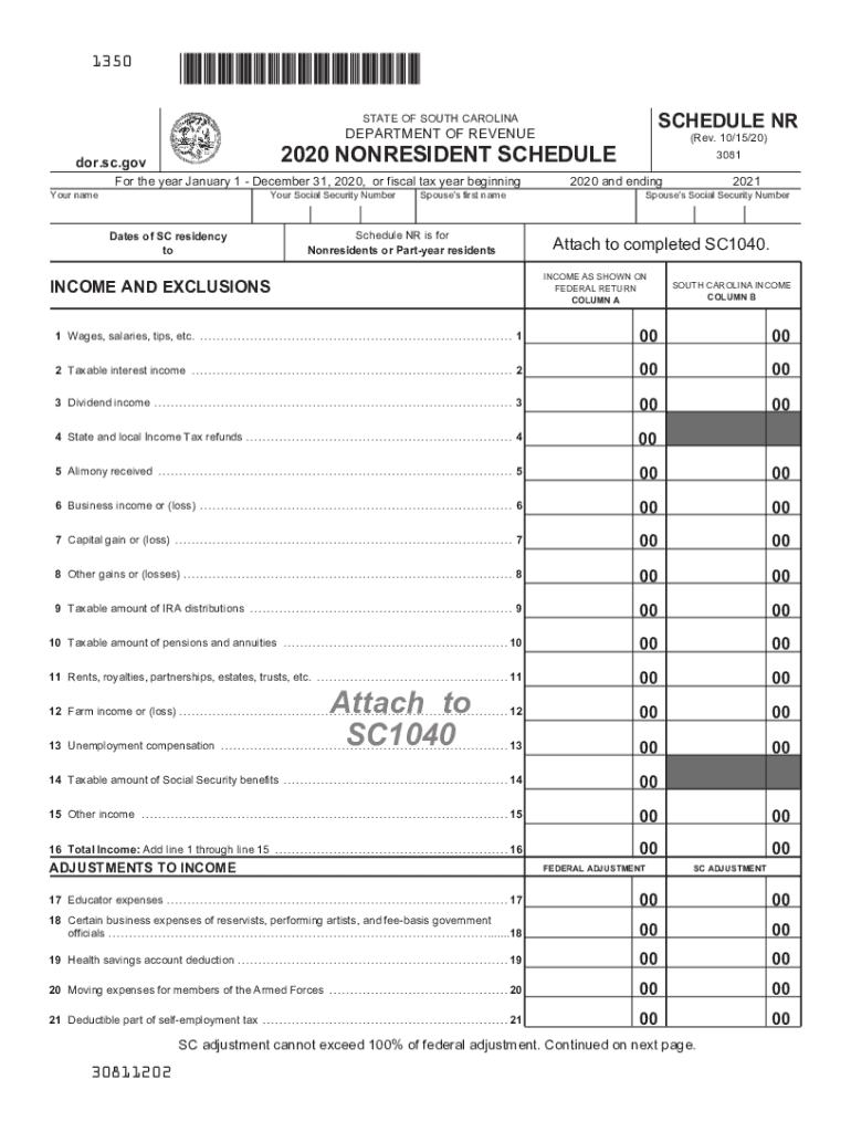  Printable South Carolina Form SCH NR Schedule NR Nonresident Schedule 2020