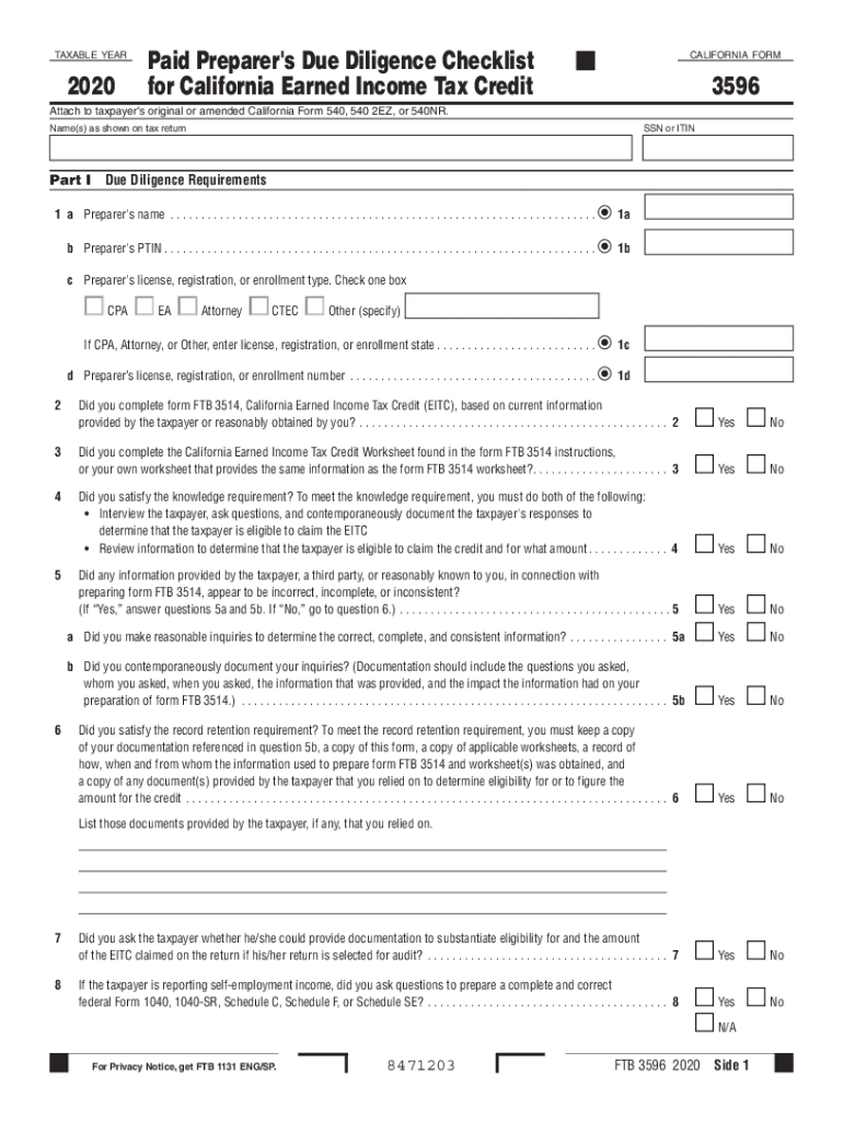  Form 8867 Paid Preparer's Due Diligence ChecklistSupportpreparer Due DiligenceEarned Income Tax Creditpreparer Due DiligenceEarn 2020