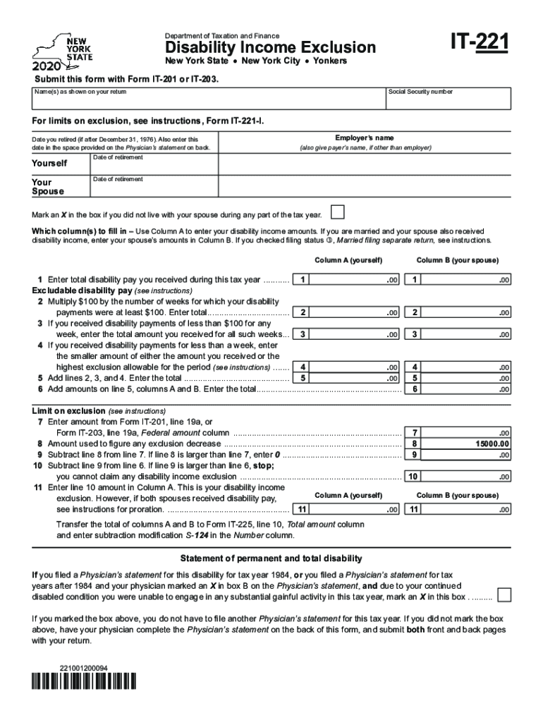 Printable New York Form it 221 Disability Income Exclusion 2020