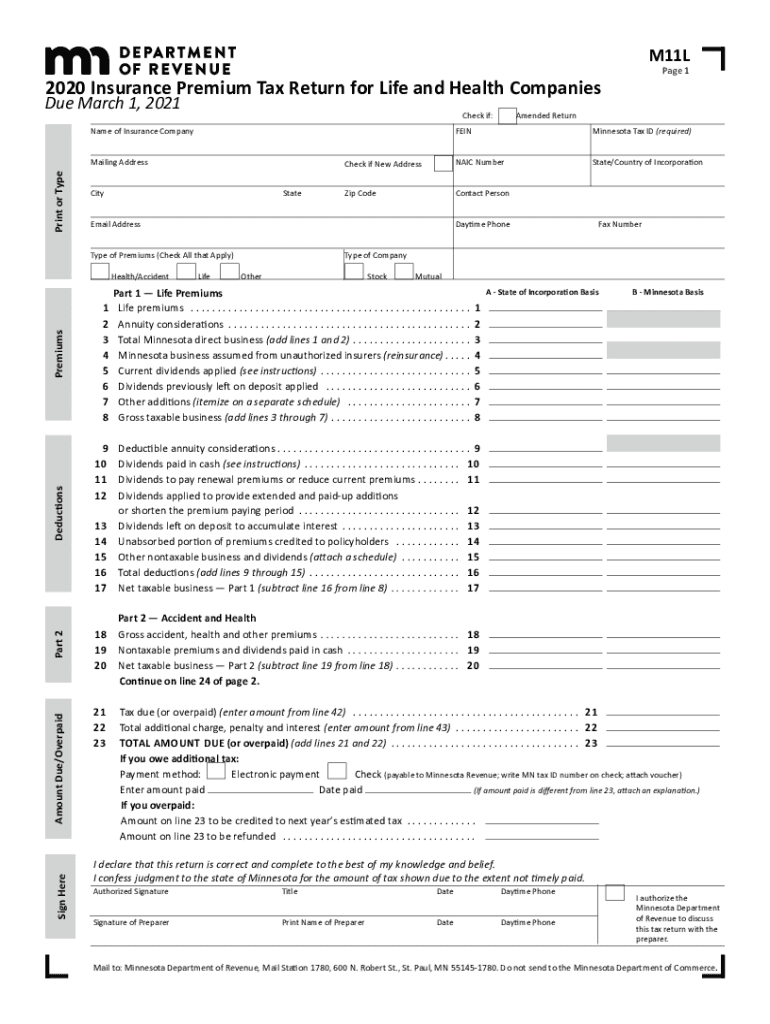  Printable Minnesota Form M11L Insurance Premium Tax Return for Life and Health Companies 2020