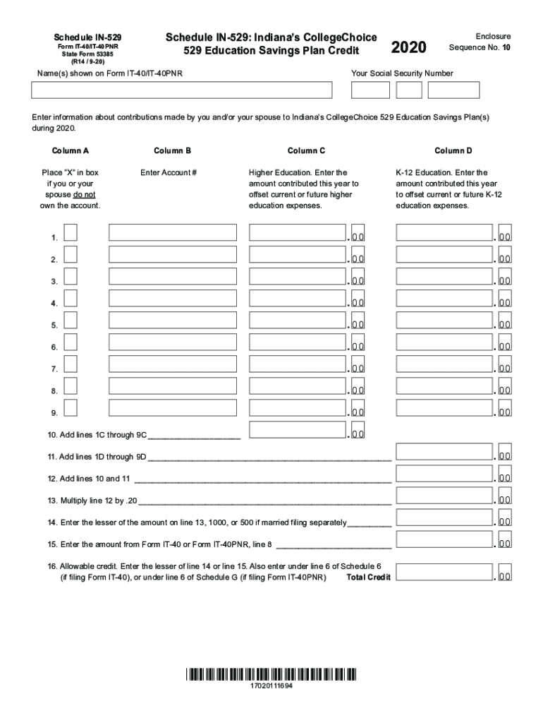  Printable Indiana Form in 529 Indiana's CollegeChoice 529 Education Savings Plan Credit 2020