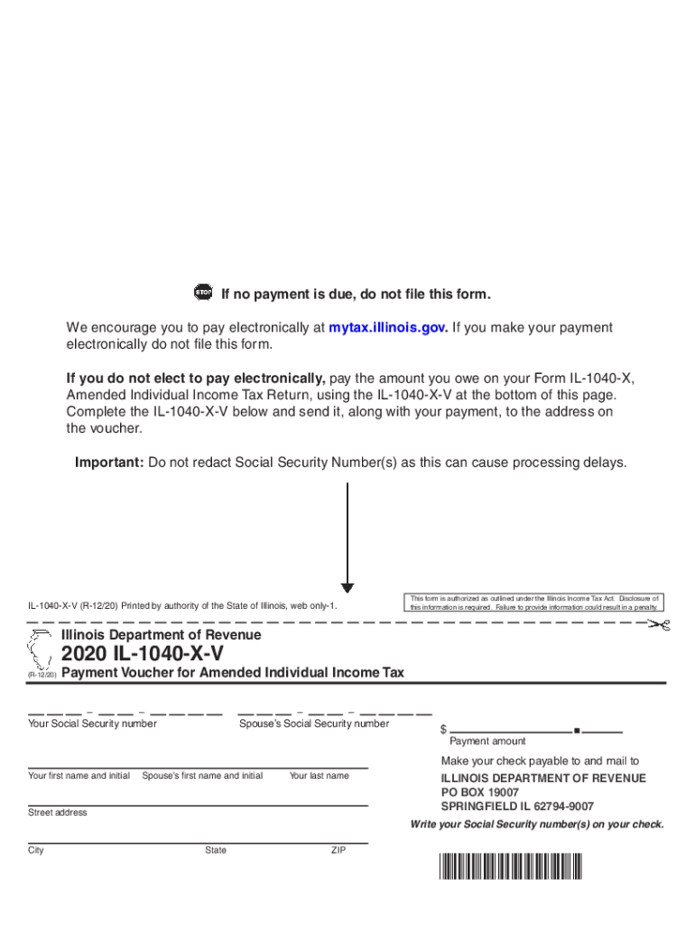  Printable Illinois Form IL 1040 X V Payment Voucher for Amended Individual Income Tax 2020