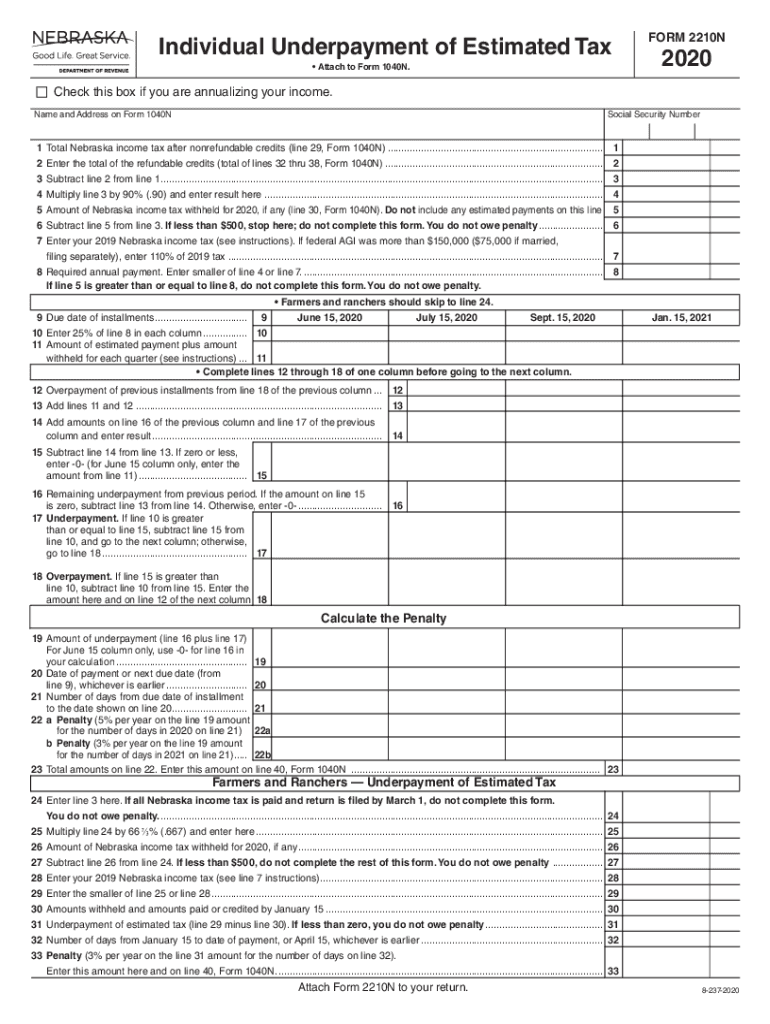  Printable Nebraska Form 2210N Individual Underpayment of Estimated Tax 2020