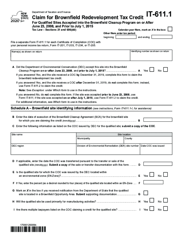  Form it 611 1 Claim for Brownfield Redevelopment Tax Credit Tax Year 2020