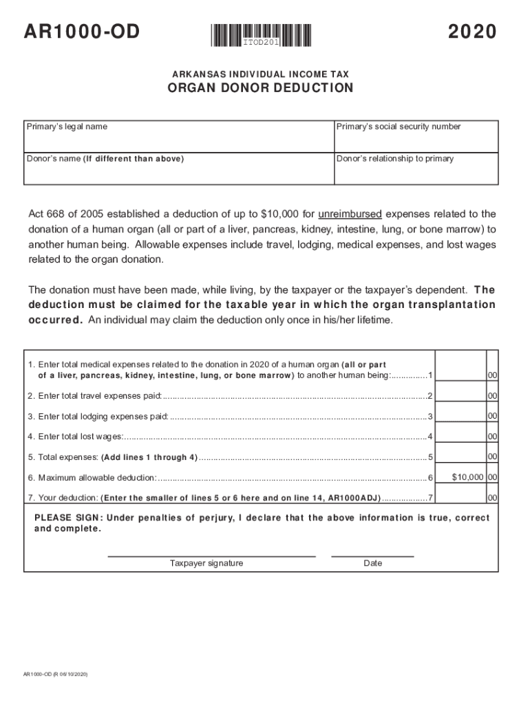  Printable Arkansas Form AR1000 OD Organ Donor Donation 2020