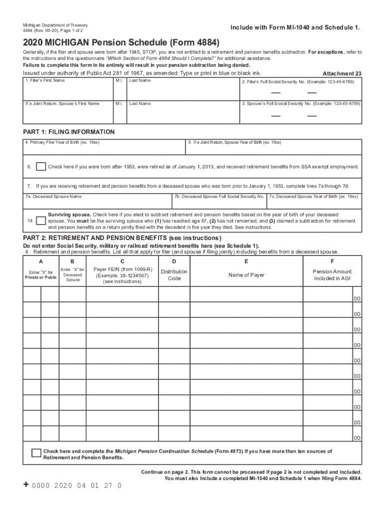  General Information Pension Schedule Form 4884 Michigan 2020