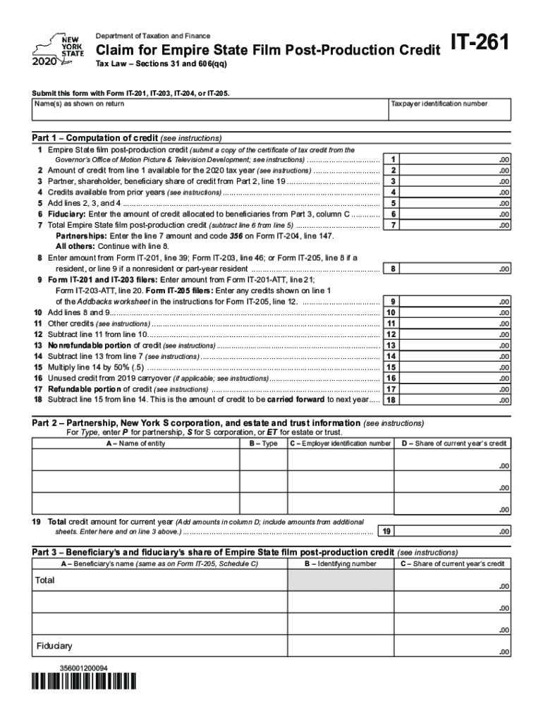  Printable New York Form it 261 Claim for Empire State Film Post Production Credit 2020
