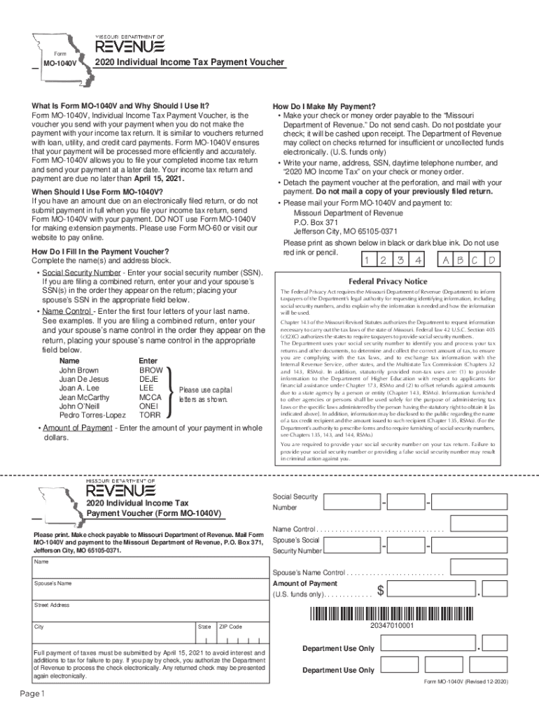  Missouri Form MO 1040V Individual Income Tax Payment Voucher 2020