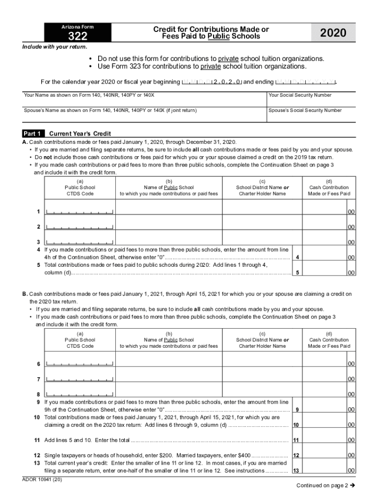  Printable Arizona Form 322 Credit for Contributions Made or Fees Paid to Public Schools 2020