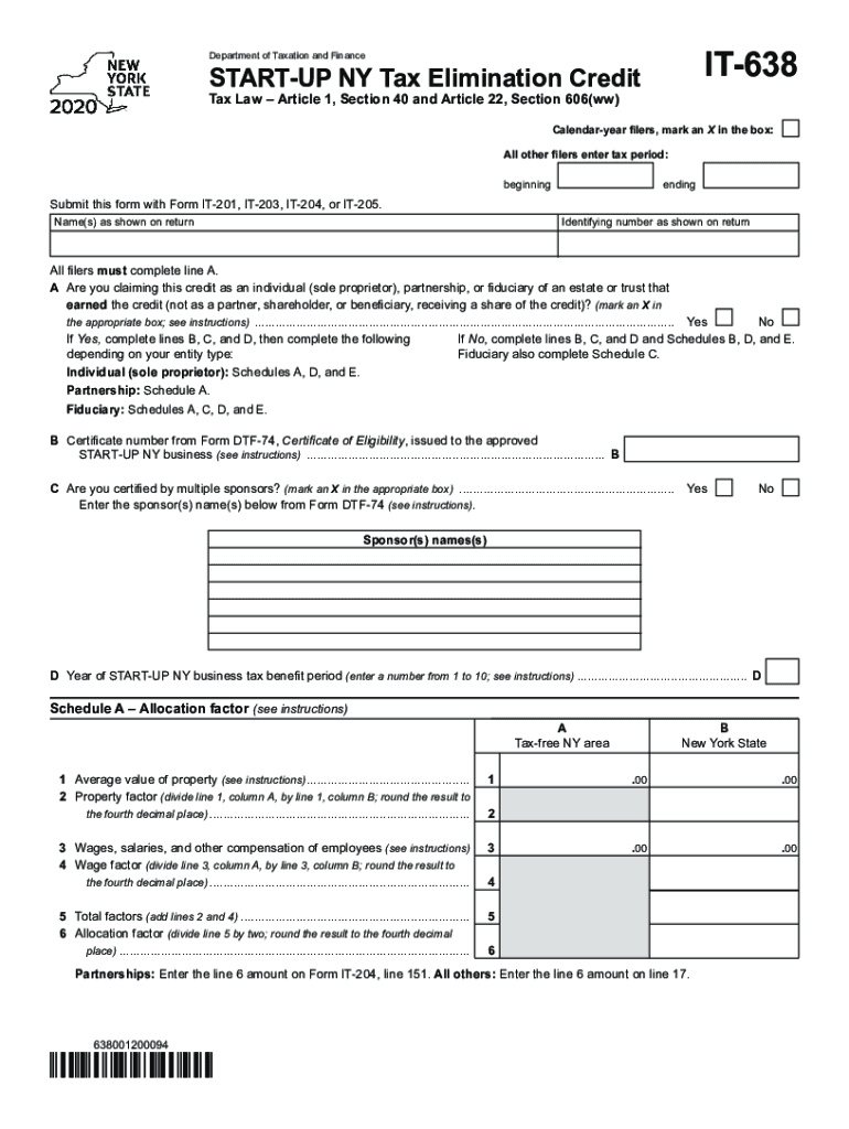  Printable New York Form it 638 START UP NY Tax Elimination Credit 2020