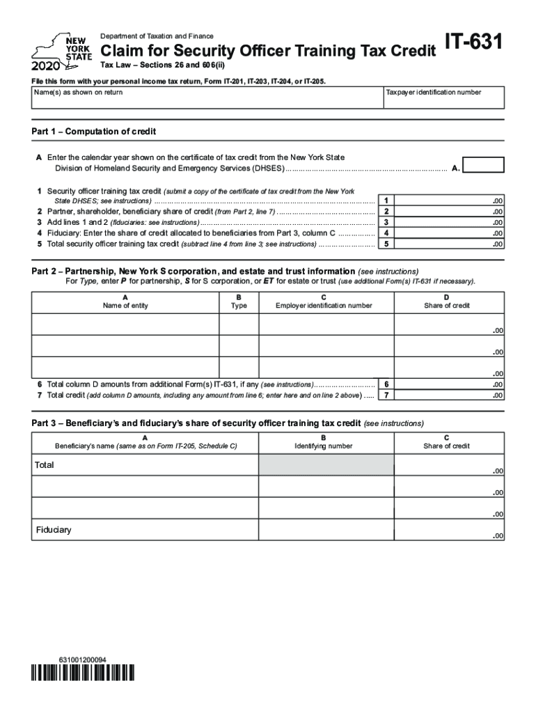  Printable New York Form it 631 Claim for Security Officer Training Tax Credit 2020