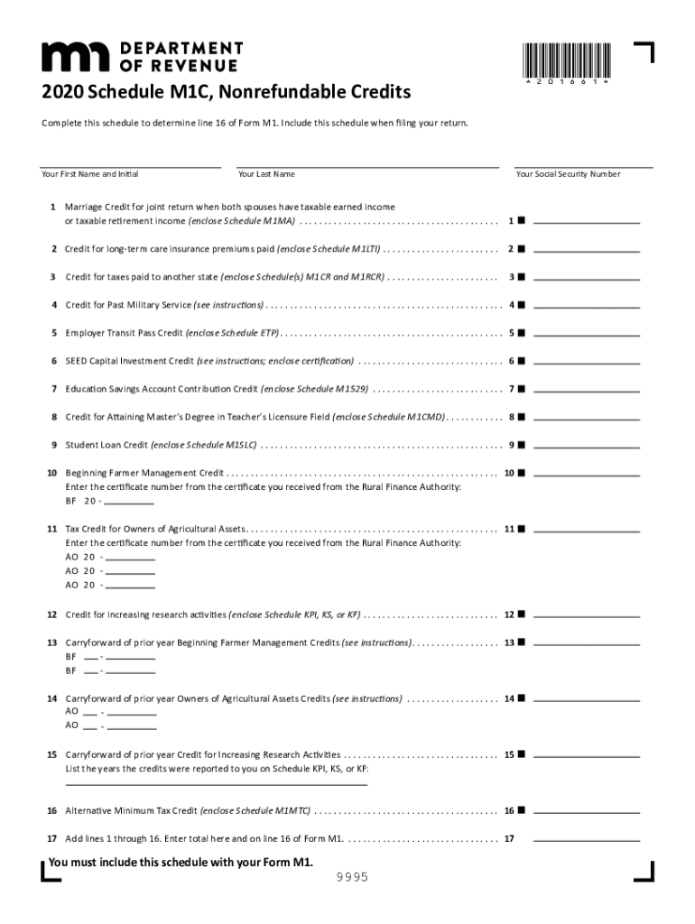  Minnesota Form M1C Other Nonrefundable Credits Onscreen 2020