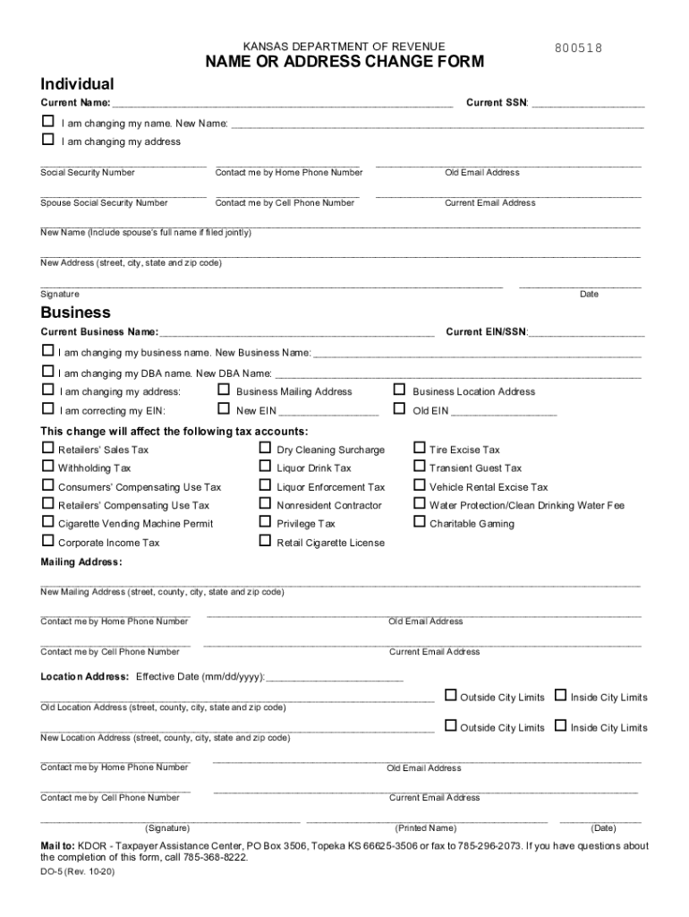 D0 5 Name or Address Change Form Rev 10 20 Form is Used to Change Your Personal Name, Address, or Email Address Business Can Als