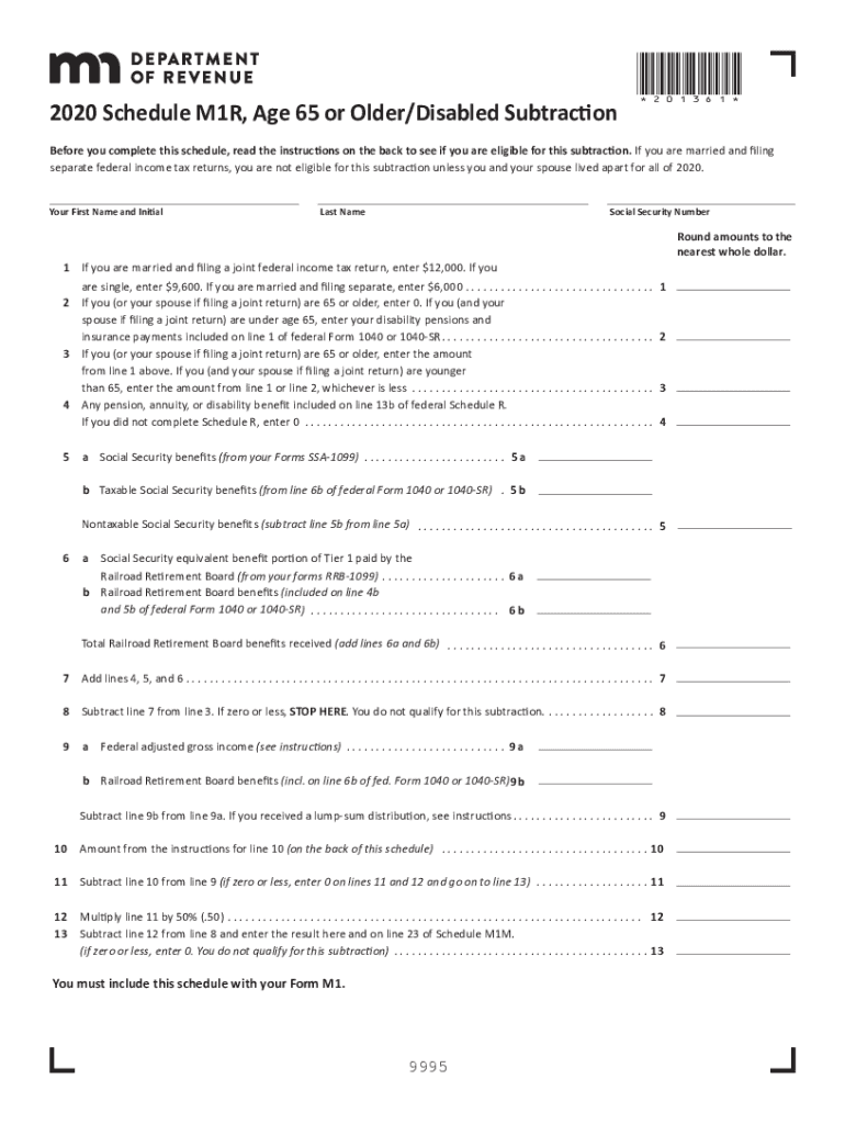  Minnesota Form M1R Age 65 or OlderDisabled Subtraction Printable Minnesota Form M1R Age 65 or Older Minnesota Form M1R Age 65 or 2020