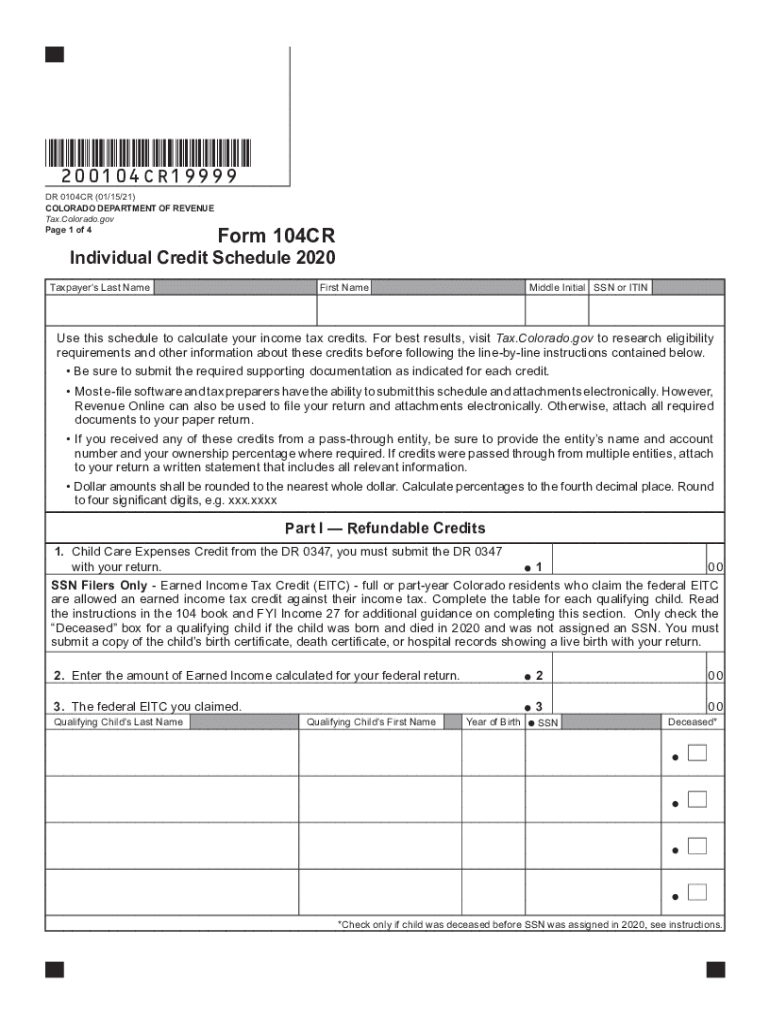  Printable Colorado Form 104CR Tax Credits for Individuals 2021