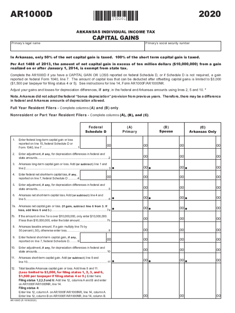  Printable Arkansas Form AR1000D Capital Gains Schedule 2020