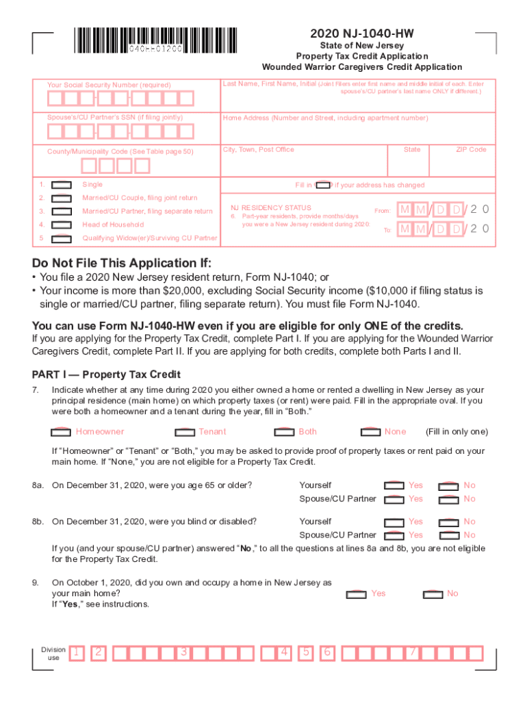  New Jersey Form 1040hw Property Tax Credit Application This is a Four Page Application You Must Complete All New Jersey State Re 2020