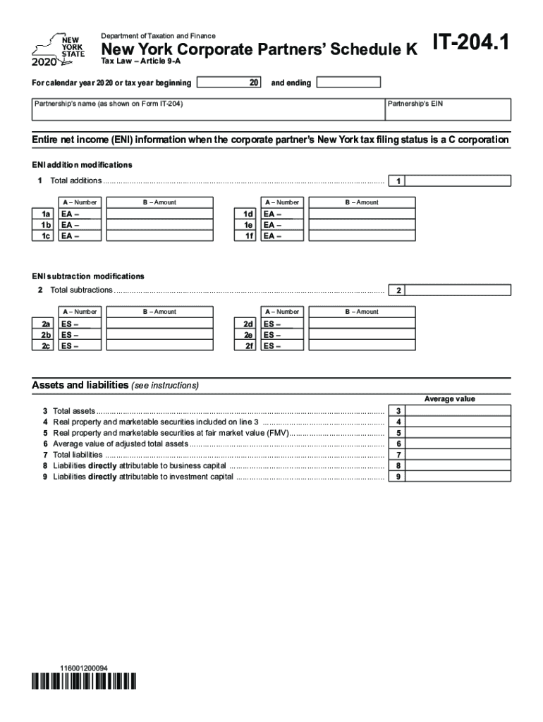  Form it 204 1 New York Corporate Partners Schedule K Tax Year 2020