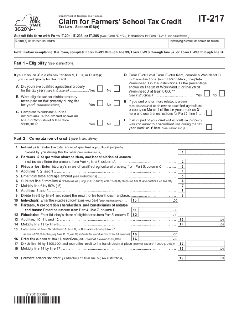  Department of Taxation and Finance Claim for Farmers School 2020