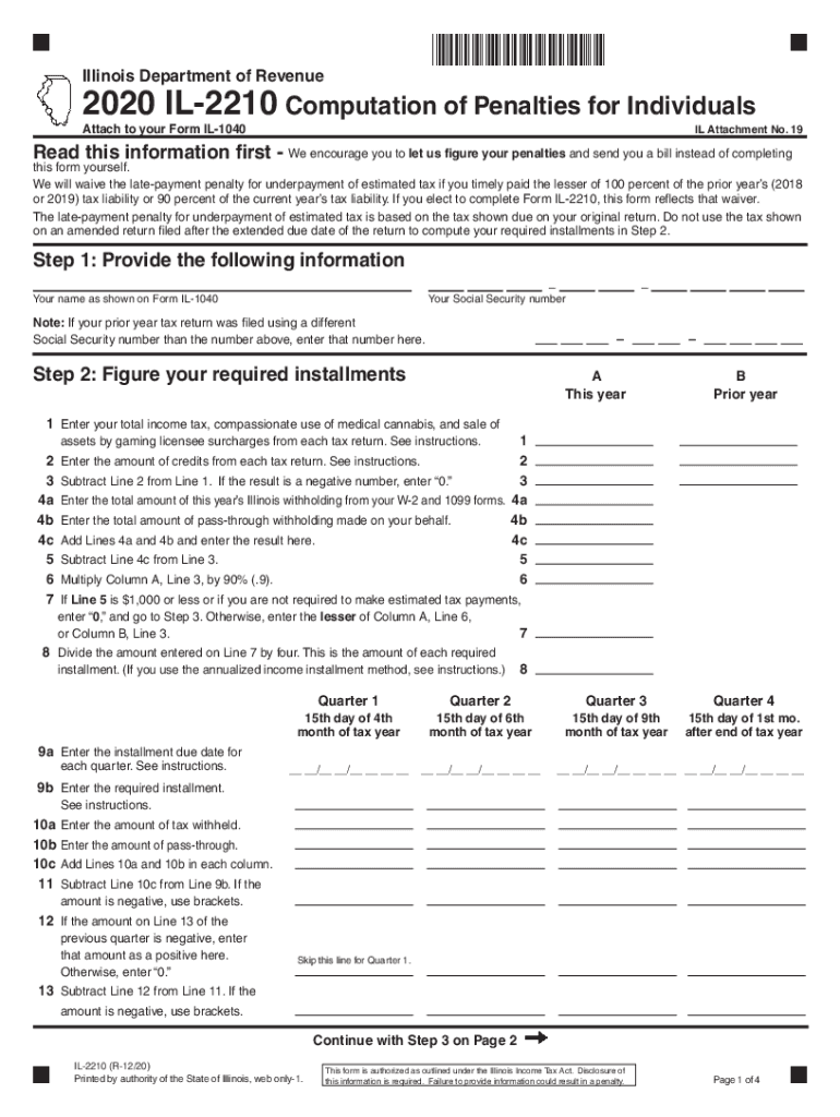  Printable Illinois Form IL 2210 Computation of Penalties for Individuals 2020
