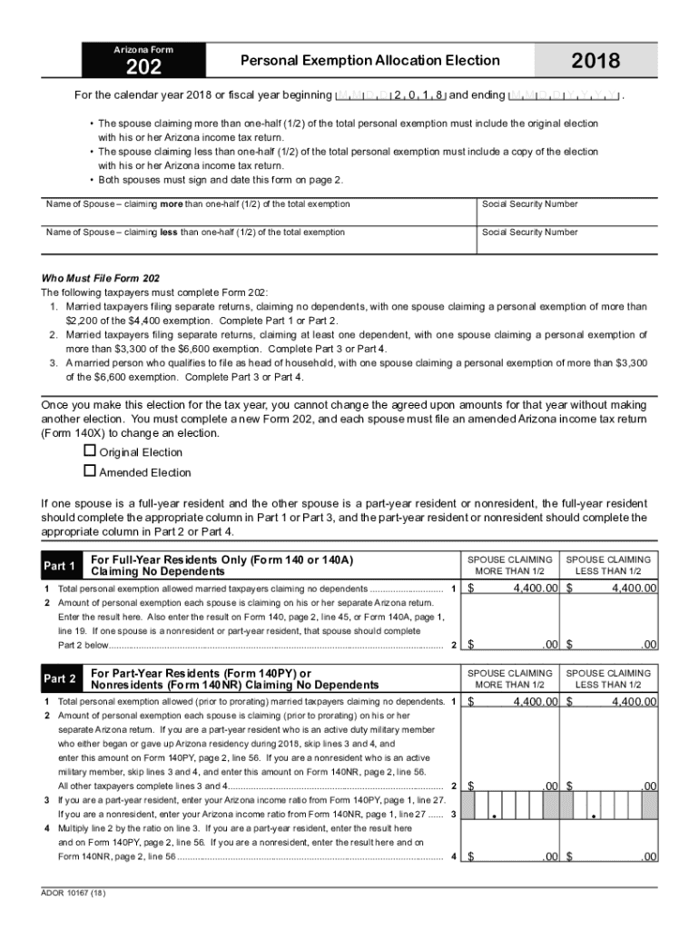 Printable Arizona Form 202 Personal Exemption Allocation Election