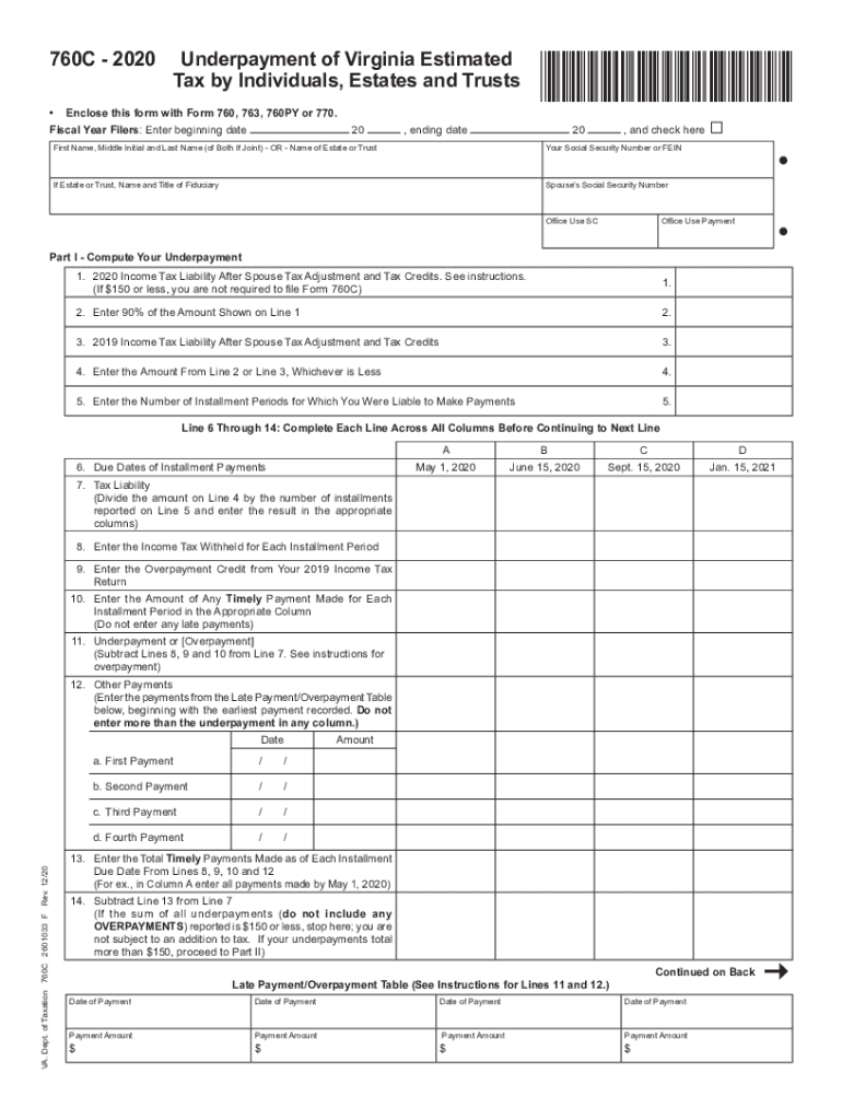  Printable Virginia Form 760C Underpayment of Estimated Tax by Individuals, Estates, and Trusts 2020