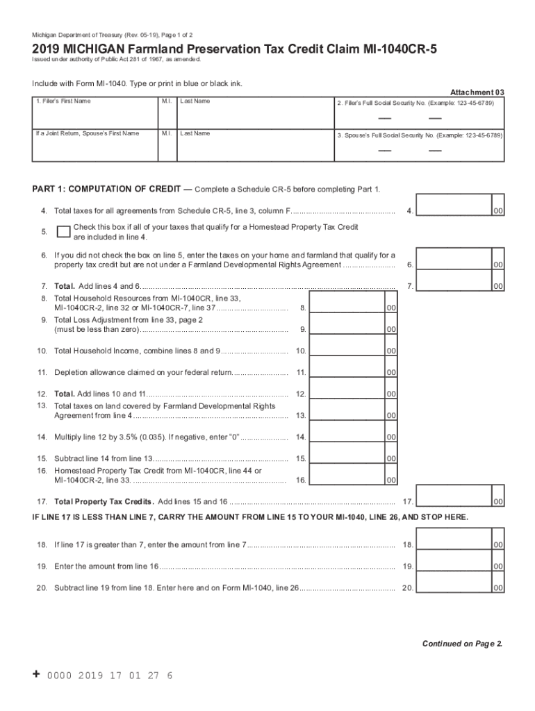  Printable Michigan Form MI 1040CR 5 Farmland Preservation Tax Credit Claim 2019