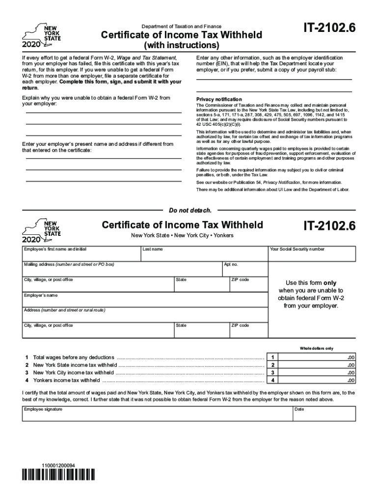  Form it 2102 6 Certificate of Income Tax Withheld Tax Year 2020