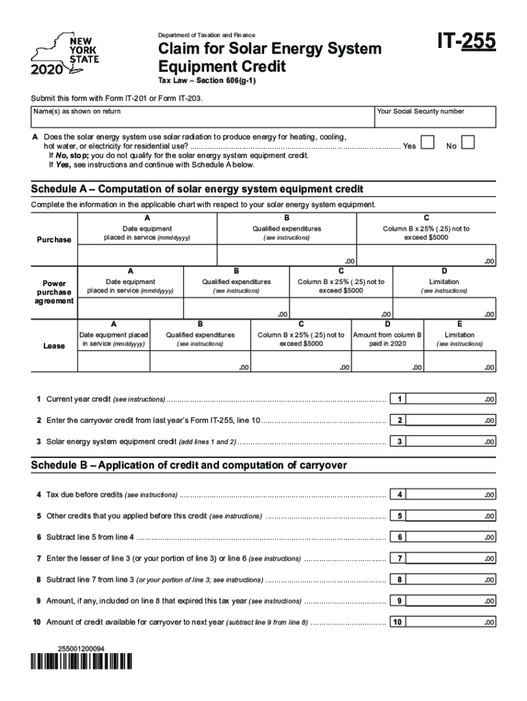  Form it 255 Claim for Solar Energy System Equipment Credit Tax Year 2020