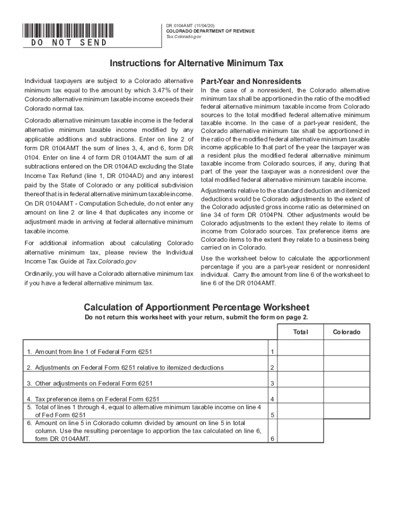 Get and Sign Printable Colorado Form 104AMT Alternative Minimum Tax Schedule 2020