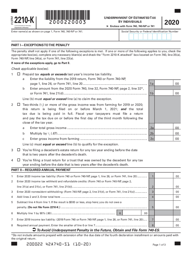 Printable Kentucky Form 2210 K Underpayment of Estimated Tax by Individuals 2020