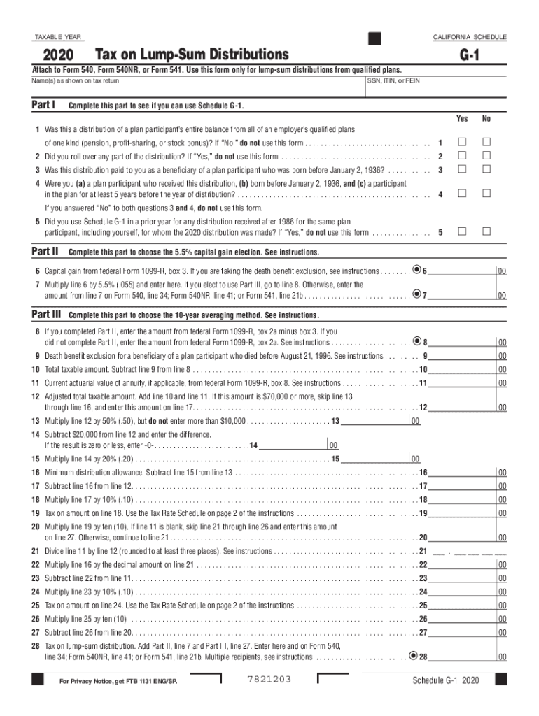  California Form 540 Schedule G 1 Tax on Lump Sum 2020