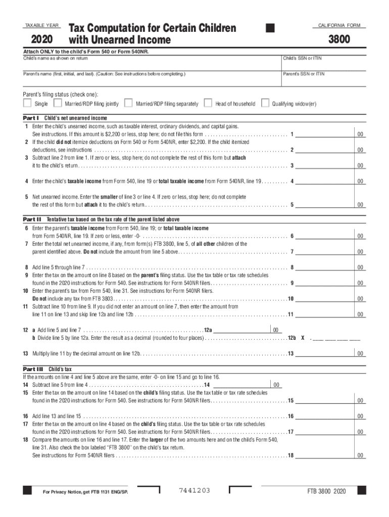  Printable California Form 3800 Tax Computation for Certain Children with Unearned Income 2020