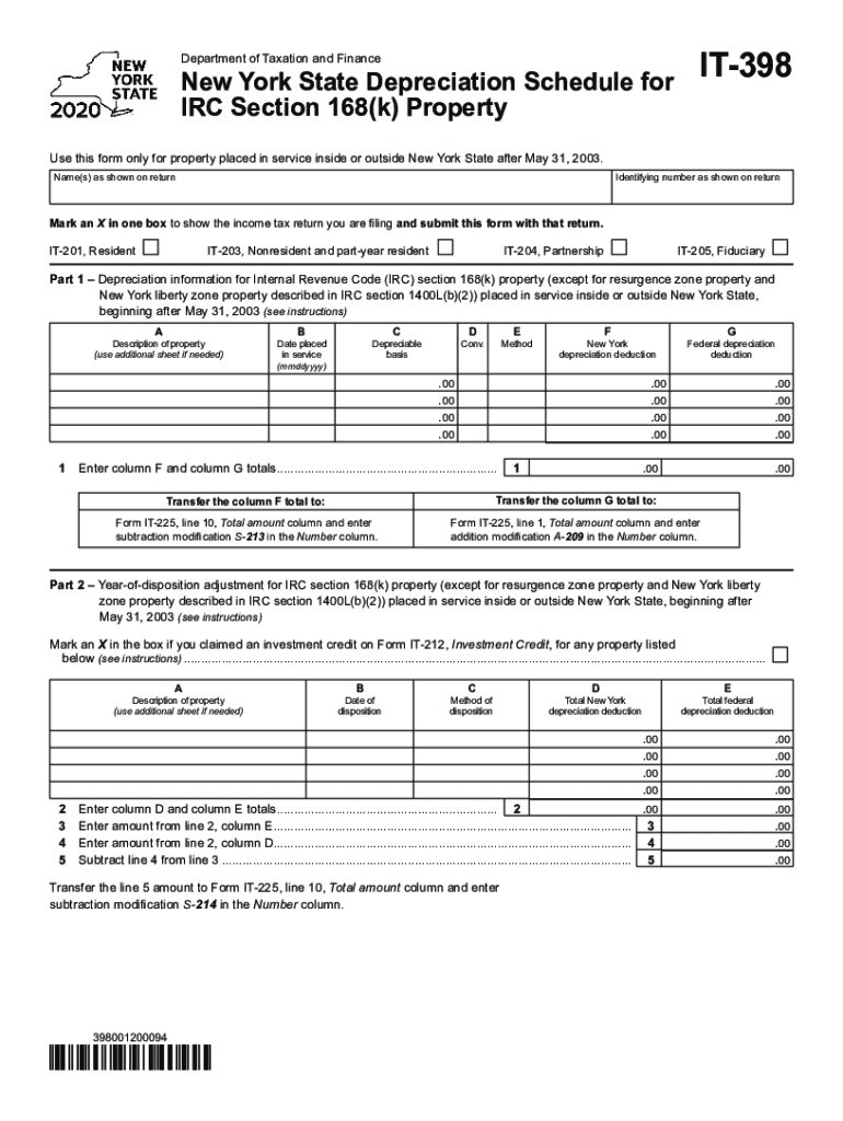  Printable New York Form it 398 New York State Depreciation Schedule for IRC Section 168k Property 2020