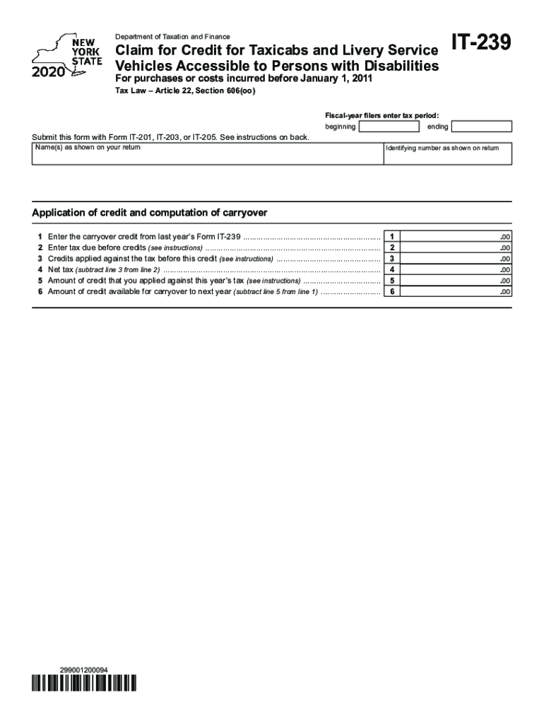  Printable New York Form it 239 Claim for Credit for Taxicabs and Livery Service Vehicles Accessible to Persons with Disabilities 2020