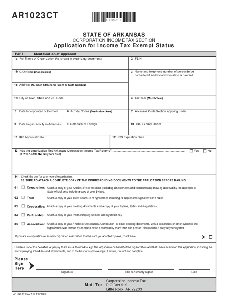 Arkansas Form AR1023CT Application for Income Tax Exemption