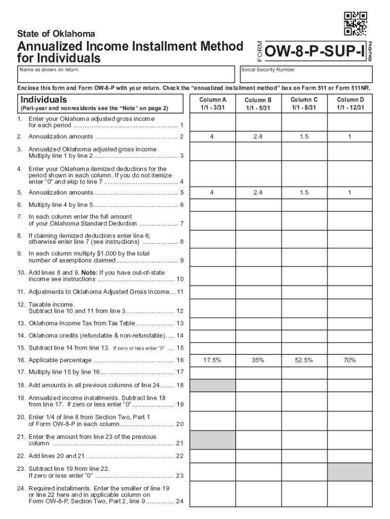  Printable Oklahoma Form OW 8 P SUP I Oklahoma Annualized Income Installment Method for Individuals 2020