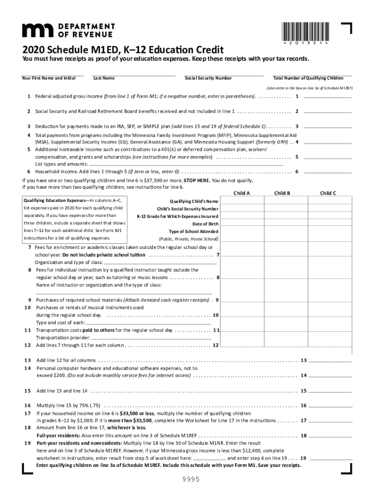  Printable Minnesota Form M1ED K 12 Education Credit 2020