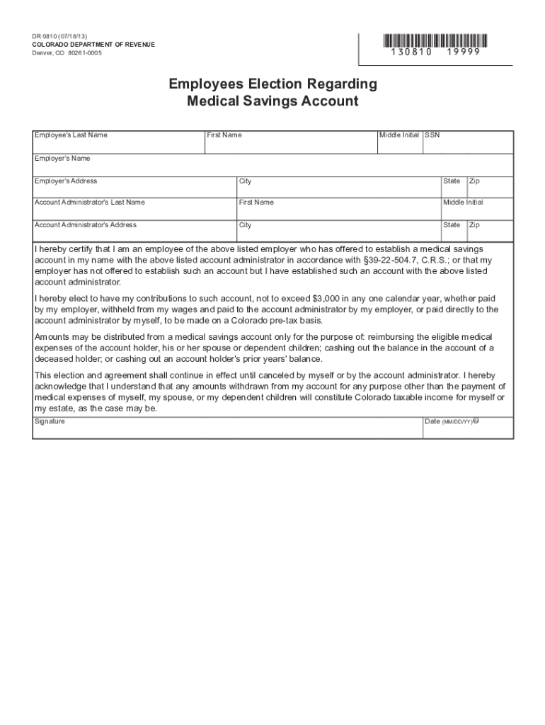 Colorado Form DR 0810 Medical Savings Account Employee