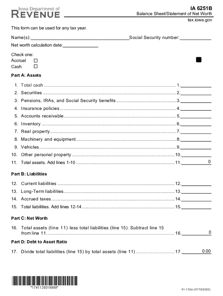  Iowa Form IA 6251B Balance Sheet or Statement of Net 2020