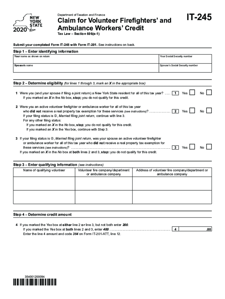  Form it 245 Claim for Volunteer Firefighters and Ambulance Workers Credit Tax Year 2020