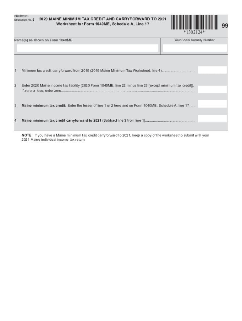  Printable Maine Form 1040ME, Schedule A, Line 17 Minimum Tax Credit Worksheet 2020