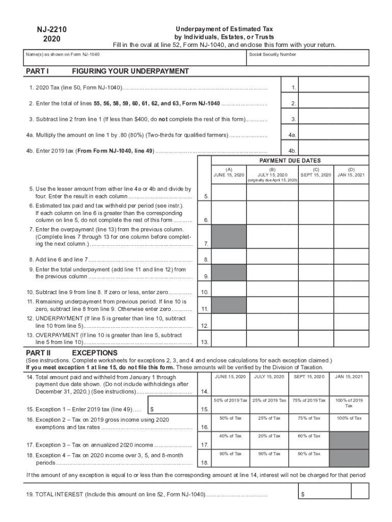  NJ Form 2210 Underpayment of Estimated Tax by Individuals 2020