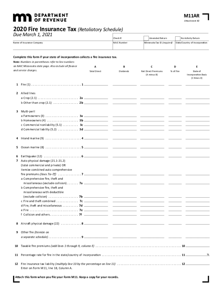  Printable Minnesota Form M11AR Fire Insurance Tax Retaliatory Schedule 2020