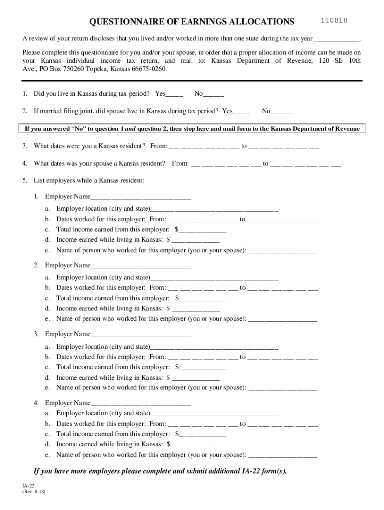 Kansas Form IA 22 Questionnaire of Earnings Allocation