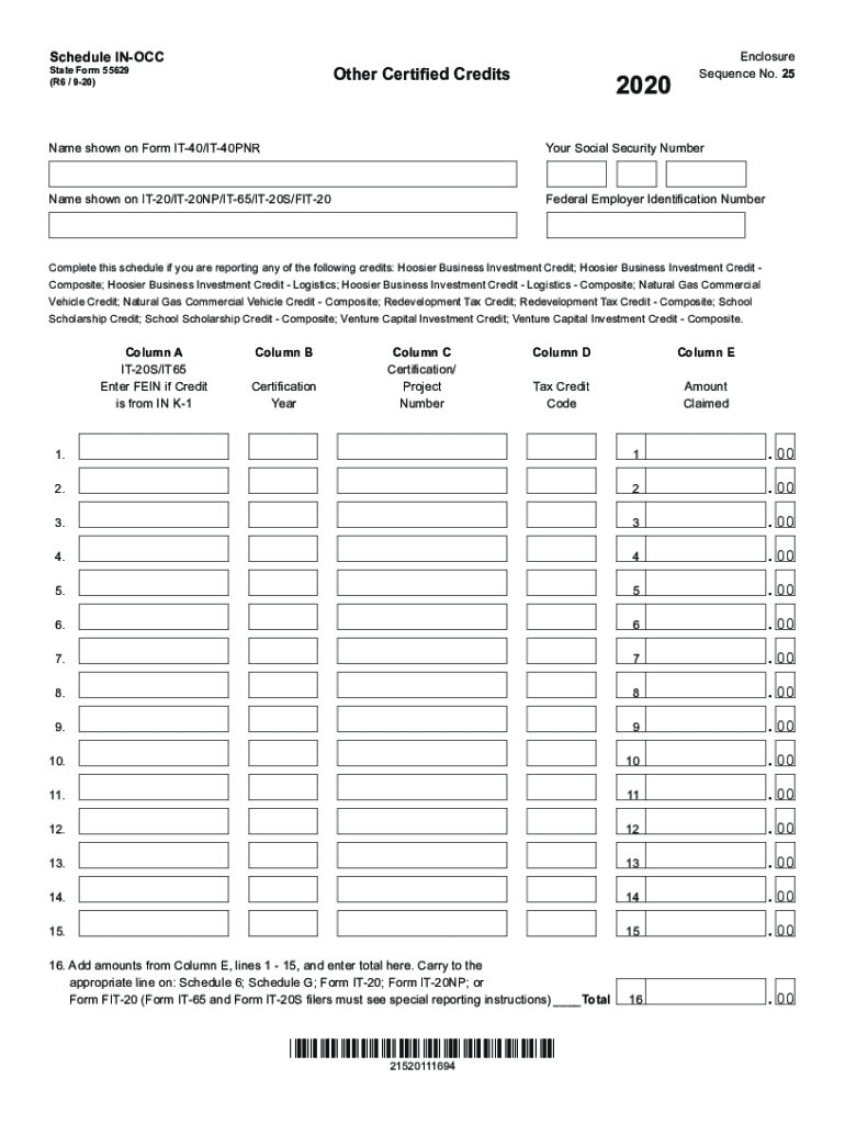  Printable Indiana Form in OCC Other Certified Credits 2020