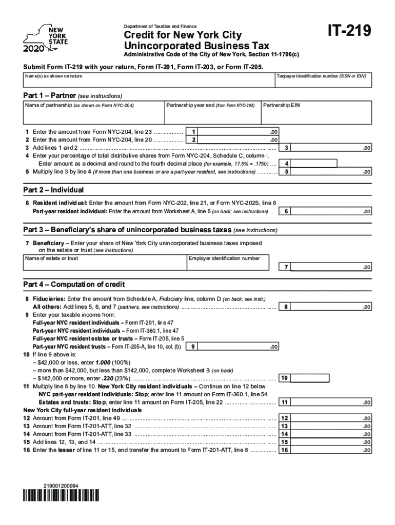  Instructions for Form it 219 Credit for New York City NEW YORK CITY DEPARTMENT of FINANCE Instructions for Form Instructions for 2020